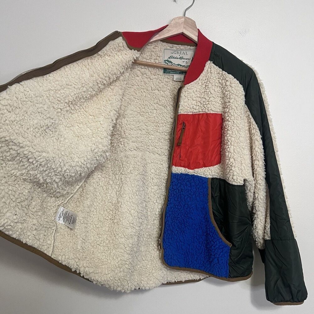 THE GREAT x Eddie Bauer Colorblock Sherpa Fleece Jacket Women’s L Zip Up Outdoor - Picture 7 of 9
